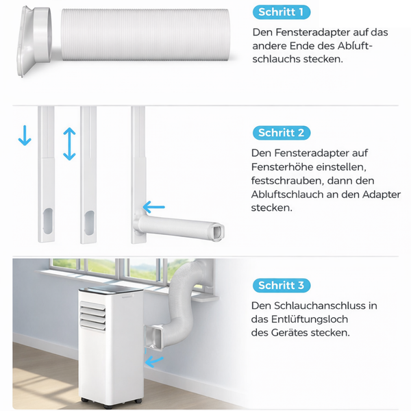 Anleitung zur Installation eines Abluftschlauchs für ein mobiles Klimagerät mit Fensteradapter in drei Schritten.