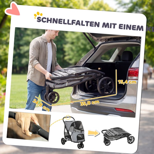 Ein Mann verstaut einen zusammengeklappten grauen Hundebuggy im Kofferraum. Maße gefaltet: 24,8 mal 35,8 mal 15,4 Zentimeter.