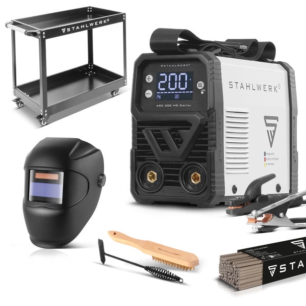 Stahlwerk Schweißgerät ARC 200 MD Digital Set mit Schweißwagen, Automatikhelm, Drahtbürste, Schlackehammer und Elektroden.