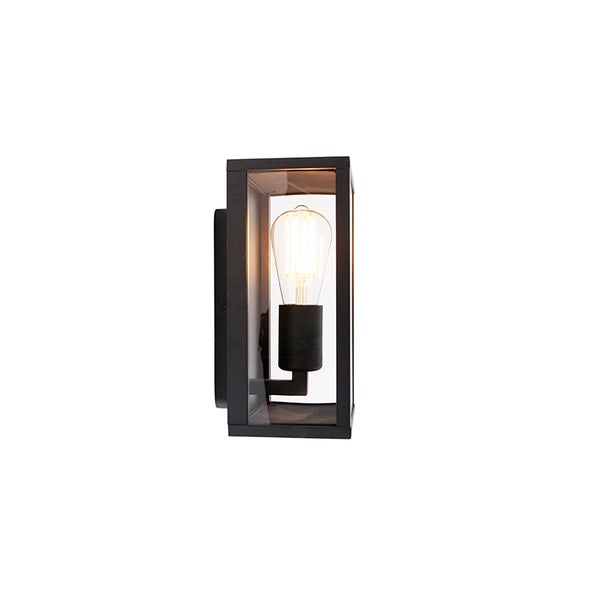 Moderne rechteckige Außenwandleuchte aus schwarzem Metall mit Glaseinsätzen und sichtbarem LED-Leuchtmittel im Filament-Stil.
