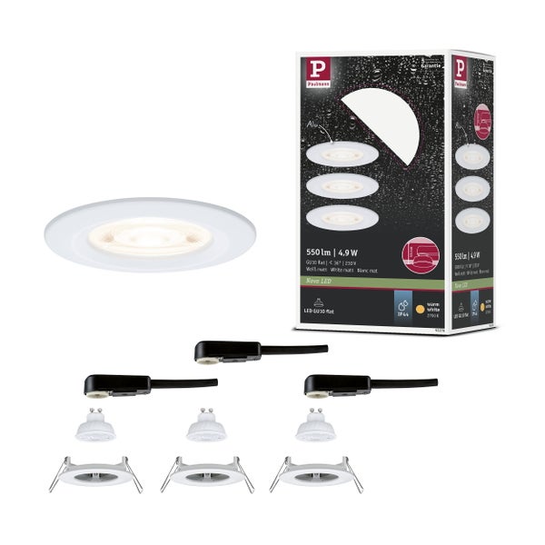 Paulmann Nova LED Einbaustrahler Dreierset in Weiß matt, GU10 flat, 550 Lumen, 4,9 Watt, IP44 Spritzwasserschutz, warmweißes Licht, Aluminium.