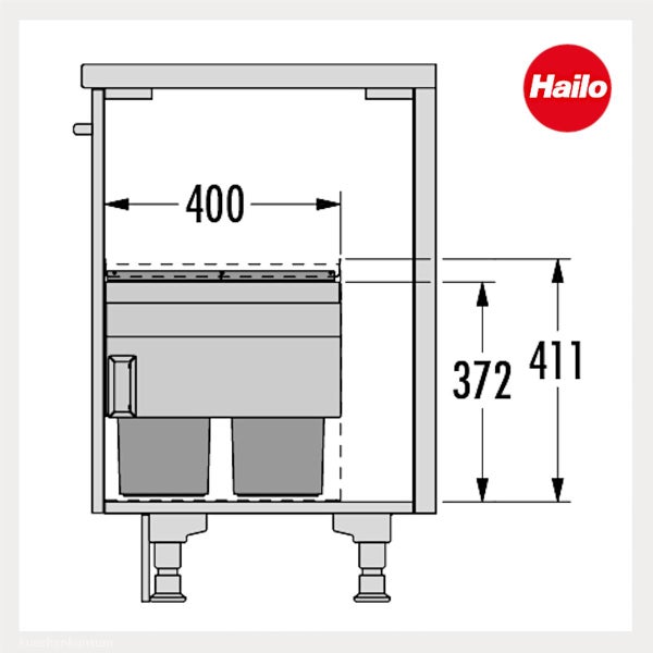 Maßzeichnung eines Hailo Einbau-Abfallsystems im Küchenschrank mit Maßen 400 Millimeter Breite sowie 372 und 411 Millimeter Höhe.