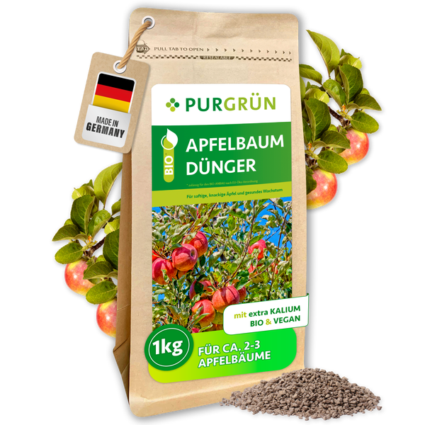 Eine Packung Purgrün Apfelbaum Dünger mit einem Kilogramm Inhalt, geeignet für biologischen Anbau und vegan, mit Etikett Made in Germany.