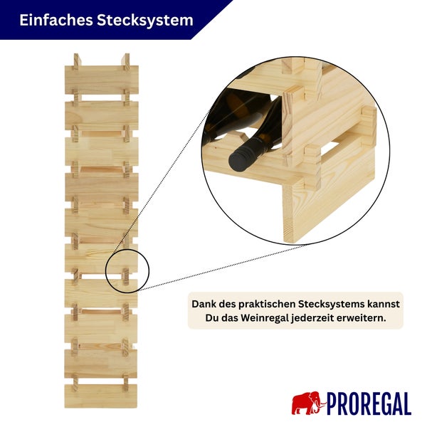 Erweiterbares Weinregal aus Holz von Proregal mit einfachem Stecksystem für Weinflaschen.