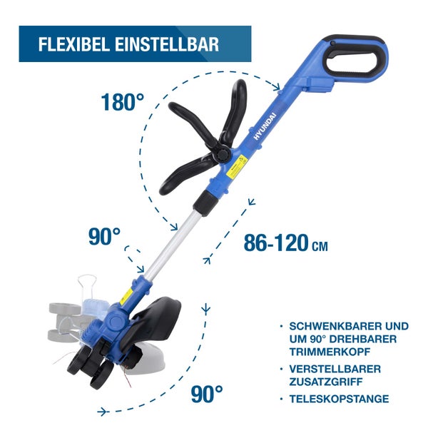 Hyundai Rasentrimmer mit 180 Grad verstellbarem Griff, 90 Grad schwenkbarem Kopf und Teleskopstange von 86 bis 120 Zentimeter.