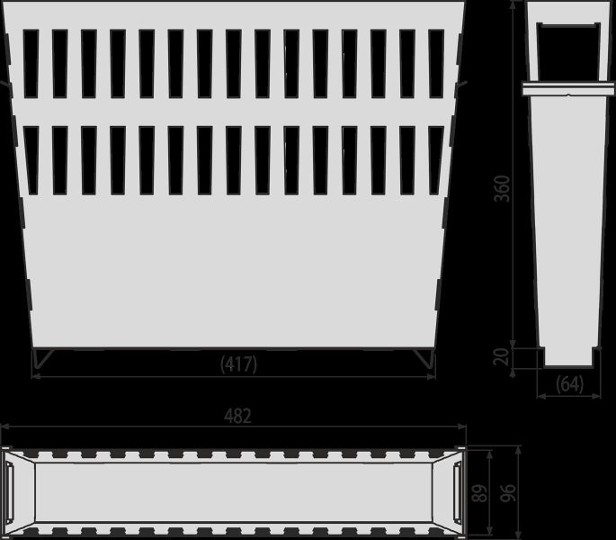 Technische Zeichnung mit Maßangaben eines rechteckigen Pflanzkastens zur Ansicht von vorne, von der Seite und von oben
