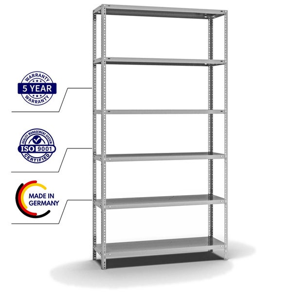 PROREGAL Fachbodenregal Schraubsystem Light-Duty Grundregal HxBxT 250 x 130 x 40 cm 6 Ebenen Fachlast 125 kg Beidseitig Nutzbar Verzinkt