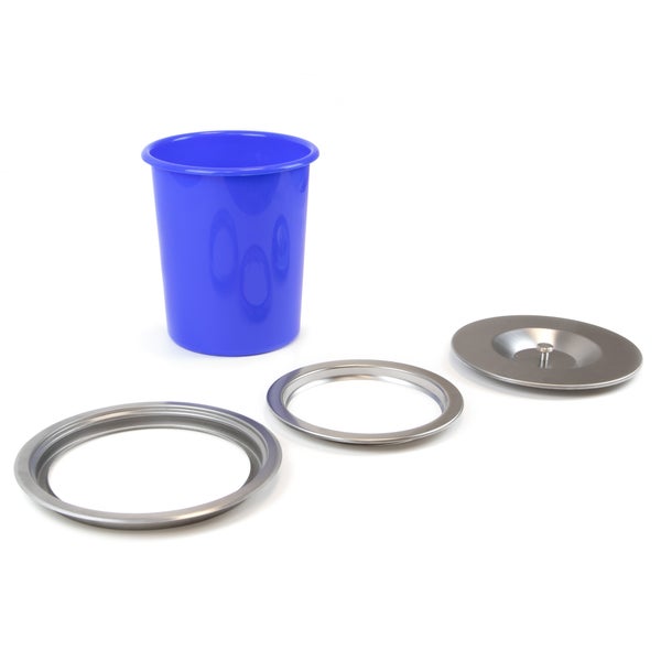 Einbaumülleimer-Set bestehend aus einem blauen Kunststoffeimer, zwei Einbauringen und einem Deckel aus Edelstahl.