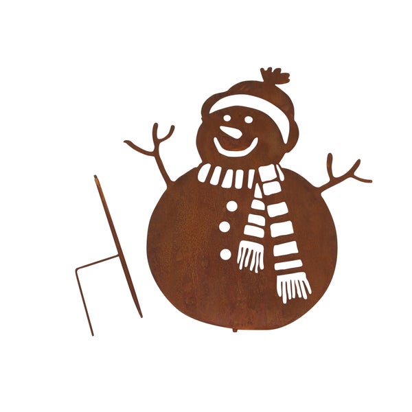 Schneemann als Gartenstecker aus Metall mit Edelrost Patina für die winterliche Gartendekoration