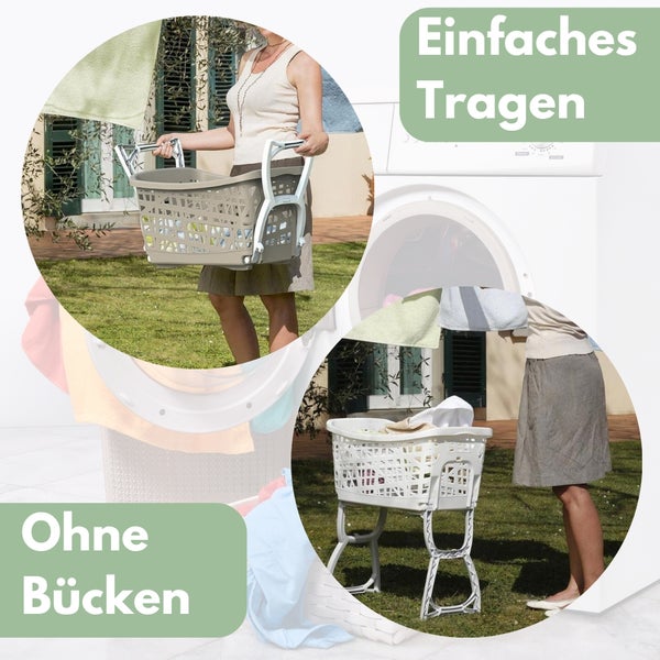 Frau trägt einen Wäschekorb mit Tragehilfe und einen Wäschekorb mit Fußgestell.