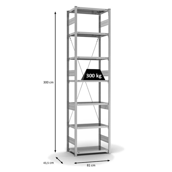 PROREGAL Fachbodenregal Stecksystem T-Profil Heavy-Duty Grundregal HxBxT 300 x 75 x 40 cm 7 Ebenen Fachlast 300 kg Einseitig Nutzbar Verzinkt