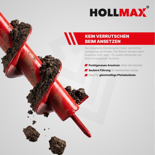 Hollmax Erdbohrer mit Zentrierspitze für präzises Bohren von Zaunpfahllöchern ohne Verrutschen.