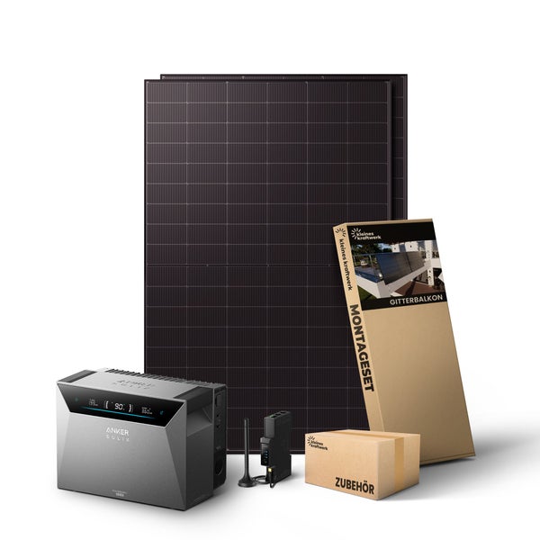 Balkonkraftwerk Komplettset mit zwei Solarmodulen, Anker Solix Batteriespeicher, Montageset für Gitterbalkon und Zubehör.