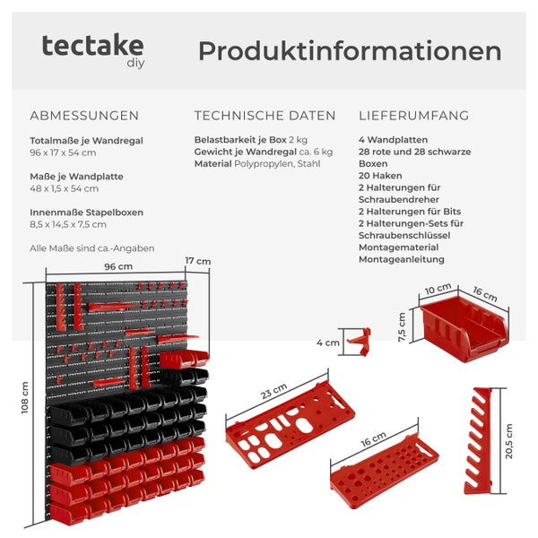 Kleinteilemagazin tectake  inklusive Halterungen für Werkzeug und Zubehör 88-teilig, mit 4 Wandplatten schwarz