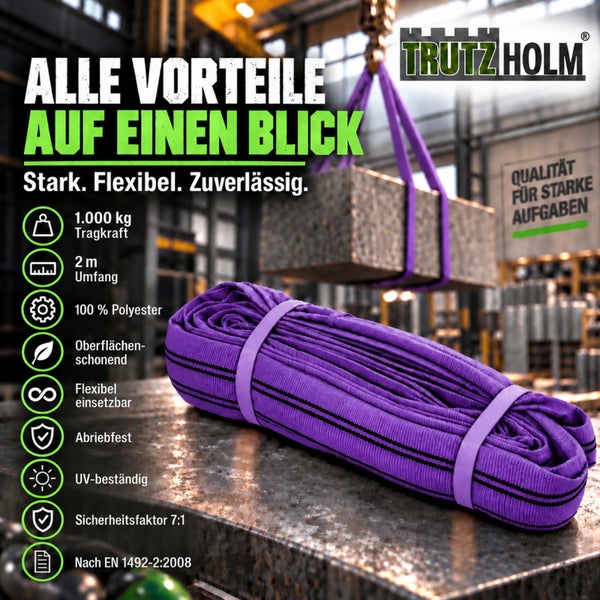 Trutzholm Hebeband 1000 Kilogramm Tragkraft 2 Meter Umfang aus Polyester oberflächenschonend abriebfest und UV beständig nach EN 1492-2:2008 Norm.