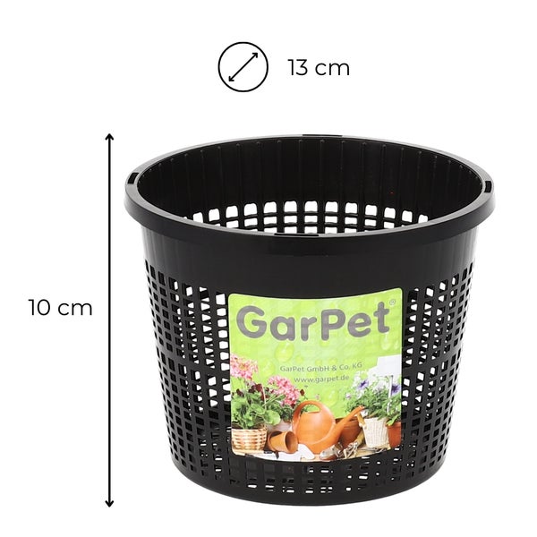 Schwarzer Pflanzkorb mit einer Höhe von 10 cm und einem Durchmesser von 13 cm.