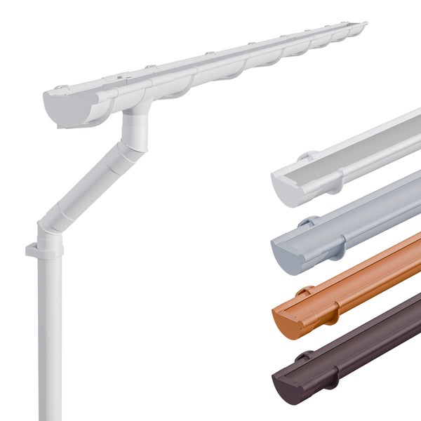 Kunststoff-Dachrinnensystem mit Endstück und Fallrohr, dargestellt in verschiedenen Farbausführungen.