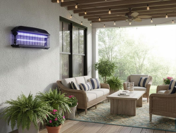 Elektrischer Insektenvernichter mit blauem UV-Licht, montiert an der Wand einer hellen Terrasse mit Korbmöbeln, Holztisch und vielen Grünpflanzen.