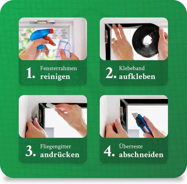 Vier Schritte zur Montage eines Fliegengitters: Fensterrahmen reinigen, Klebeband aufkleben, Gitter andrücken und Überreste abschneiden.