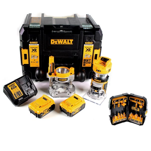 DeWalt Akku-Oberfräse und Kantenfräse Set mit bürstenlosem Motor, zwei 18 Volt Akkus, Ladegerät, Fräser-Set und Transportkoffer.
