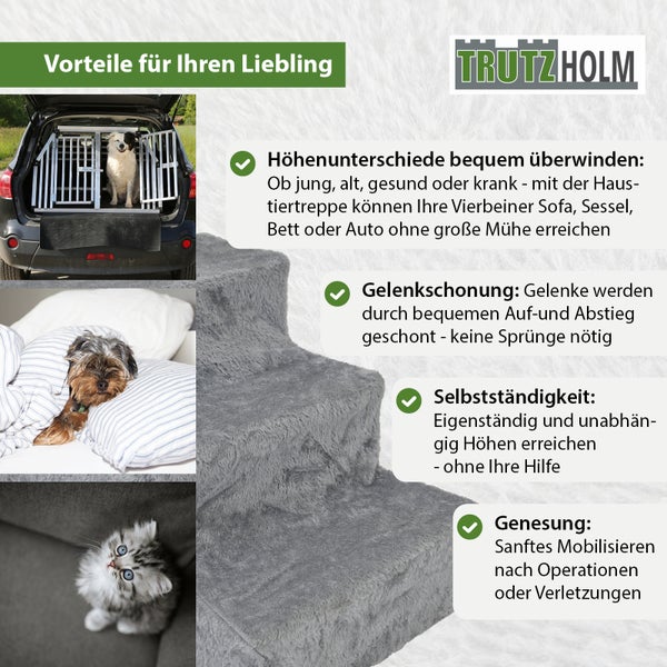 Produktbild der Haustiertreppe von TrutzHolm mit Hund im Auto, Hund im Bett und Katze auf dem Sofa