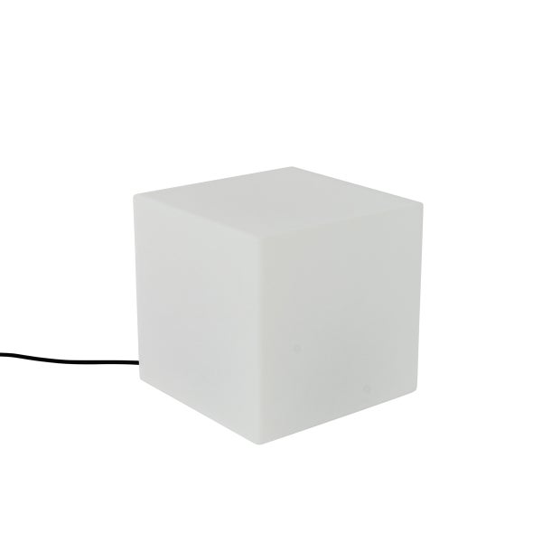 Würfelleuchte aus weißem Kunststoff mit schwarzem Netzkabel.
