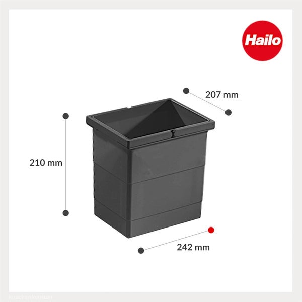 Hailo Abfalleimer Einsatz mit Maßangaben 210 Millimeter mal 207 Millimeter mal 242 Millimeter.