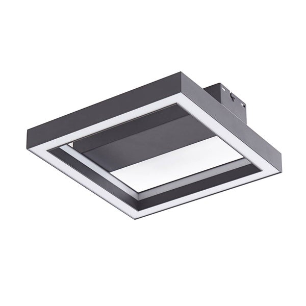 Quadratische LED-Deckenleuchte in Anthrazit mit integrierten Lichtstreifen und modernem, geometrischem Design.