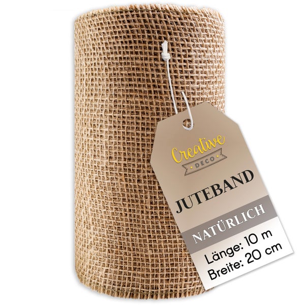 Juteband auf Rolle, naturbelassen, Länge 10 Meter, Breite 20 Zentimeter.