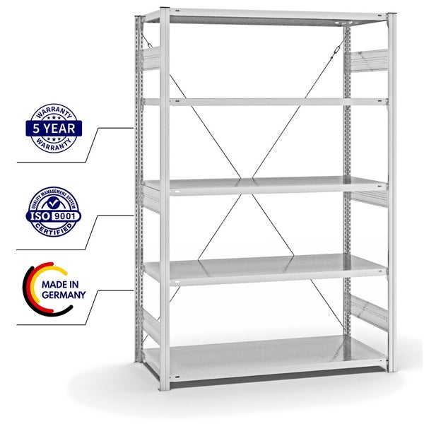 PROREGAL Fachbodenregal Stecksystem T-Profil Heavy-Duty Grundregal HxBxT 200 x 130 x 60 cm 5 Ebenen Fachlast 330 kg Einseitig Nutzbar Lichtgrau