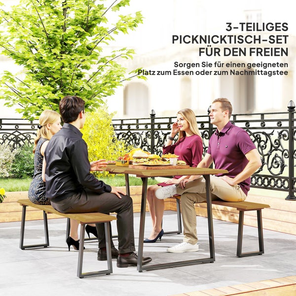 Draufsicht eines dreiteiligen Picknicktischsets mit Holztischplatte und Metallbeinen, umgeben von vier Personen, die im Freien sitzen