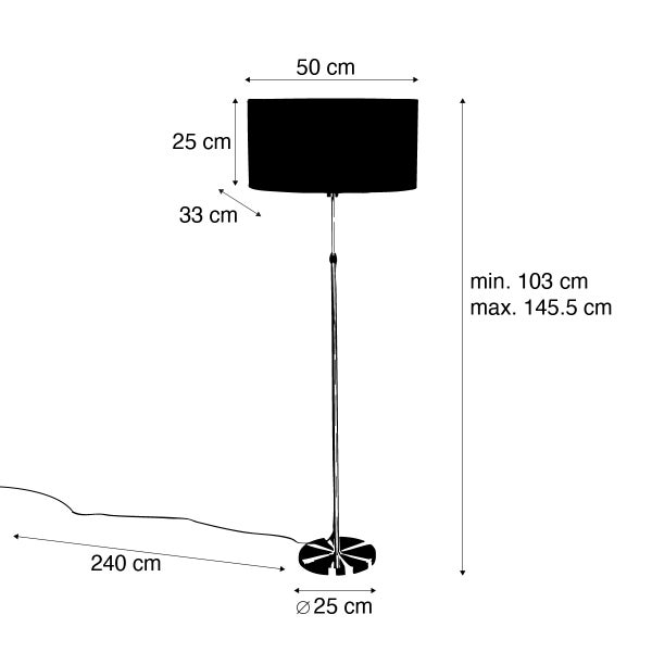 Abbildung einer Stehlampe mit den Maßen Durchmesser Lampenschirm 50 cm, Höhe Lampenschirm 25 cm, Tiefe Lampenschirm 33 cm, Durchmesser Lampenfuss 25 cm, Kabellänge 240 cm, Höhe der Lampe minimal 103 cm maximal 145,5 cm.