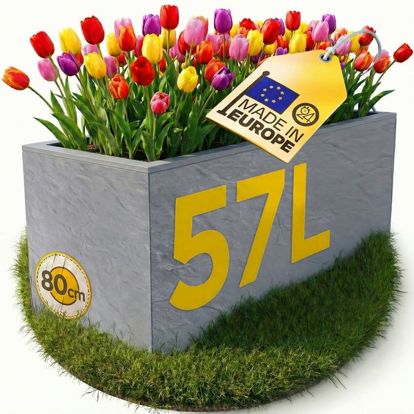 Rechteckiger Pflanzkasten in Steinoptik mit bunten Tulpen, 57 Liter Volumen, 80 Zentimeter breit, hergestellt in Europa.
