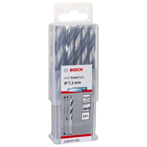 Bosch Logo. HSS PointTeQ Bohrer mit Durchmesser 7,1 Millimeter, 10 Stück in transparenter Verpackung.