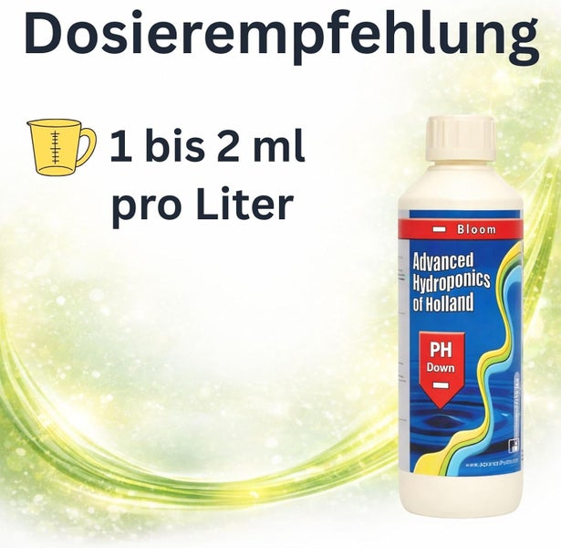 Dosierempfehlung für Advanced Hydroponics of Holland pH Down Bloom: 1 bis 2 Milliliter pro Liter.
