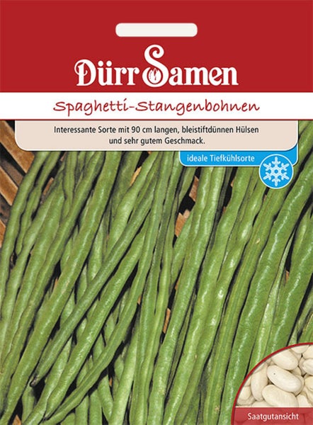 Dürr Samen Logo, Spaghetti-Stangenbohnen Saatgut mit 90 Zentimeter langen grünen Bohnenhülsen, Detailansicht der Samen und Eignung für Tiefkühlung.
