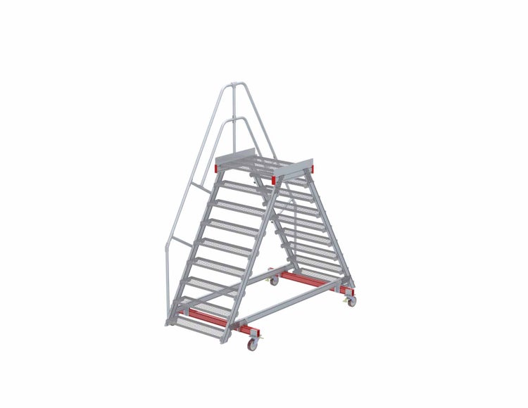 Fahrbare Arbeitsbühne mit Treppe und Geländer.