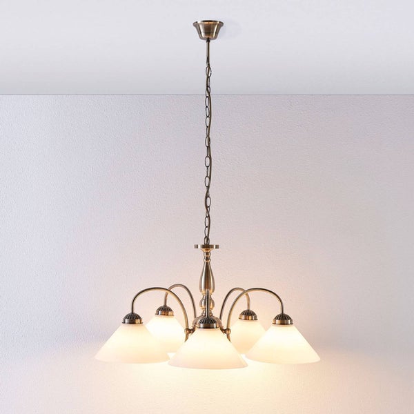 Deckenleuchte mit fünf Lampen und Glasschirmen