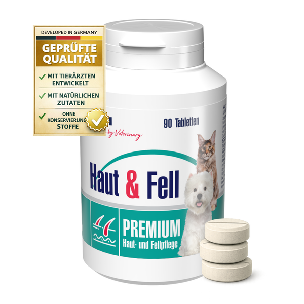 Haut und Fell Premium für Hunde und Katzen, 90 Tabletten, geprüft mit natürlichen Zutaten, ohne Konservierungsstoffe, entwickelt mit Tierärzten.