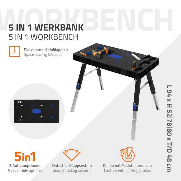 ECD Germany 5 in 1 Multifunktionale Werkbank klappbar, 94x48x80 cm, Mobile Werktisch, 150kg, Arbeitstisch Werkstatt höhenverstellbar, Aufgedruckte Skala & Winkelangaben, Rollwagen Rollbrett Sägebock