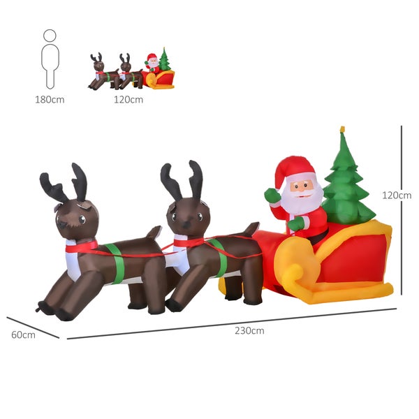 HOMCOM LED Figur, Motiv Weihnachtsmann mit Schlitten und Rentieren, aufblasbar, beleuchtet Garten, IP 44,  L230 x B60 x H120 cm, 190D Polyester, warm weiß
