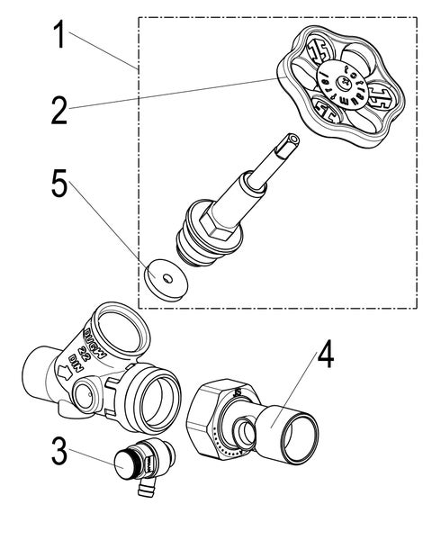 Explosionszeichnung eines Absperrventils mit nummerierten Einzelteilen wie Handrad, Ventiloberteil, Dichtung und Gehäuse.