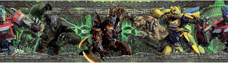 Tapetenbordüre mit Transformers Charakteren wie Optimus Prime und Bumblebee vor einem dekorativen Hintergrund in Steinoptik.