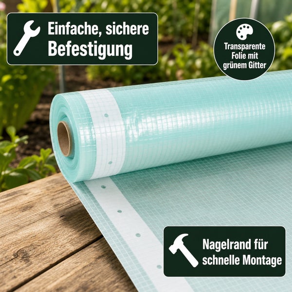 Rolle Gewächshausfolie mit Gitterverstärkung und verstärktem Nagelrand für eine einfache Befestigung und schnelle Montage.