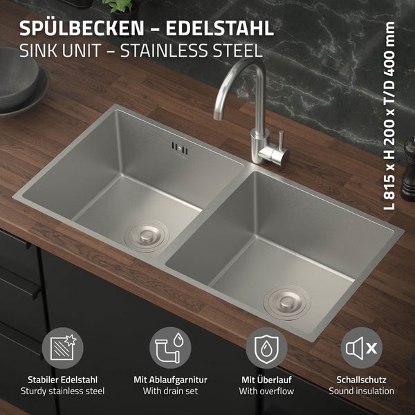 ML-Design Doppelspülbecken Edelstahl 81,5 x 40 cm, Küchenspüle rechteckig, 2 Becken, Einbauspüle Unterbauspüle, Edelstahlspüle mit Ab- und Überlaufgarnitur, Doppelbecken mit Siphon, Waschbecken Küche