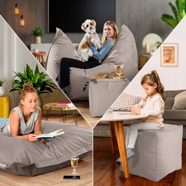 Collage mit Personen und Haustieren, die auf einem Sitzsack und einem Hocker entspannen