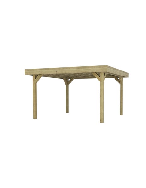 Freistehender Carport aus Holz mit Flachdach und vier Pfosten.