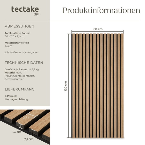 Akustikpaneele tectake Sonic Wall je 60 x 120 x 2,1 cm, Größe flexibel anpassbar Holzoptik in Eiche hell Eiche hell