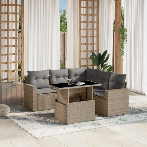 6-tlg. Garten-Sofagarnitur mit Kissen Beige Poly Rattan