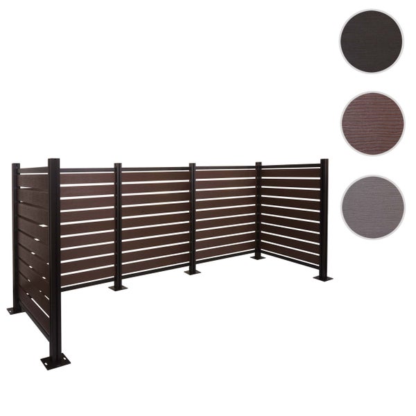 Modularer Sichtschutzzaun mit horizontalen WPC-Lamellen und Metallpfosten, verschiedene Holzoptik-Varianten zur Auswahl.